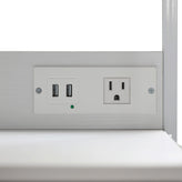 Sodano 3 Drawer Nightstand with Charging Station, 2 USB Ports, 1 Outlet, White Metal Frame, White Engineered Wood Top, Gray Drawers, White Handles