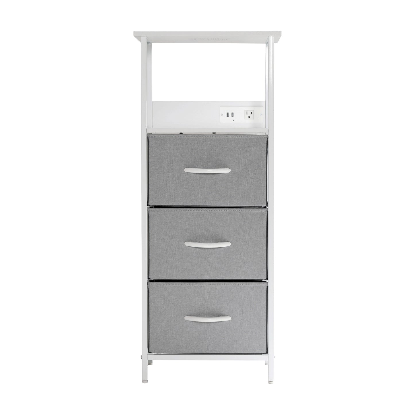 Sodano 3 Drawer Nightstand with Charging Station, 2 USB Ports, 1 Outlet, White Metal Frame, White Engineered Wood Top, Gray Drawers, White Handles