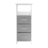 Sodano 3 Drawer Nightstand with Charging Station, 2 USB Ports, 1 Outlet, White Metal Frame, White Engineered Wood Top, Gray Drawers, White Handles