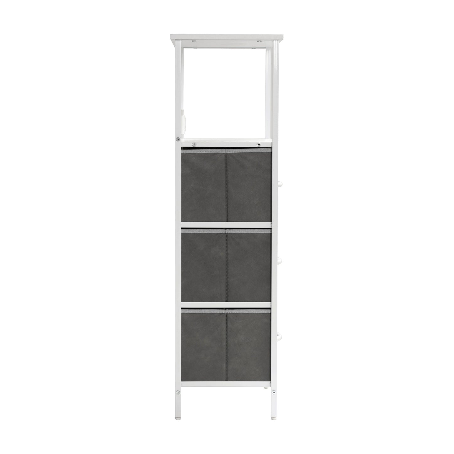 Sodano 3 Drawer Nightstand with Charging Station, 2 USB Ports, 1 Outlet, White Metal Frame, White Engineered Wood Top, Gray Drawers, White Handles