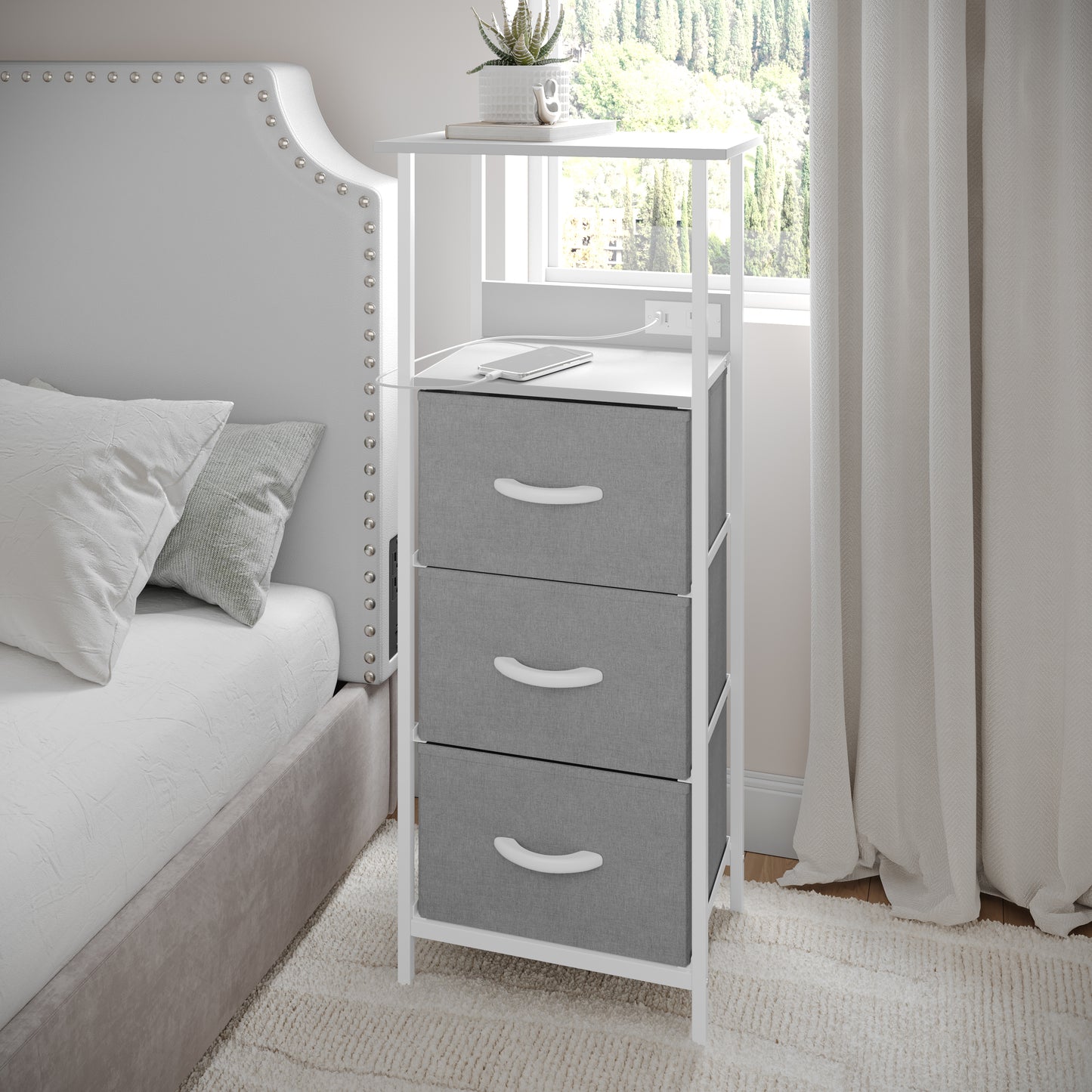Sodano 3 Drawer Nightstand with Charging Station, 2 USB Ports, 1 Outlet, White Metal Frame, White Engineered Wood Top, Gray Drawers, White Handles