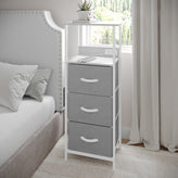 Sodano 3 Drawer Nightstand with Charging Station, 2 USB Ports, 1 Outlet, White Metal Frame, White Engineered Wood Top, Gray Drawers, White Handles