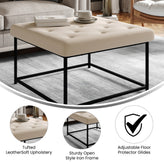Ashton 30" Square LeatherSoft Tufted Ottoman with Metal Frame, Beige LeatherSoft/Black Frame