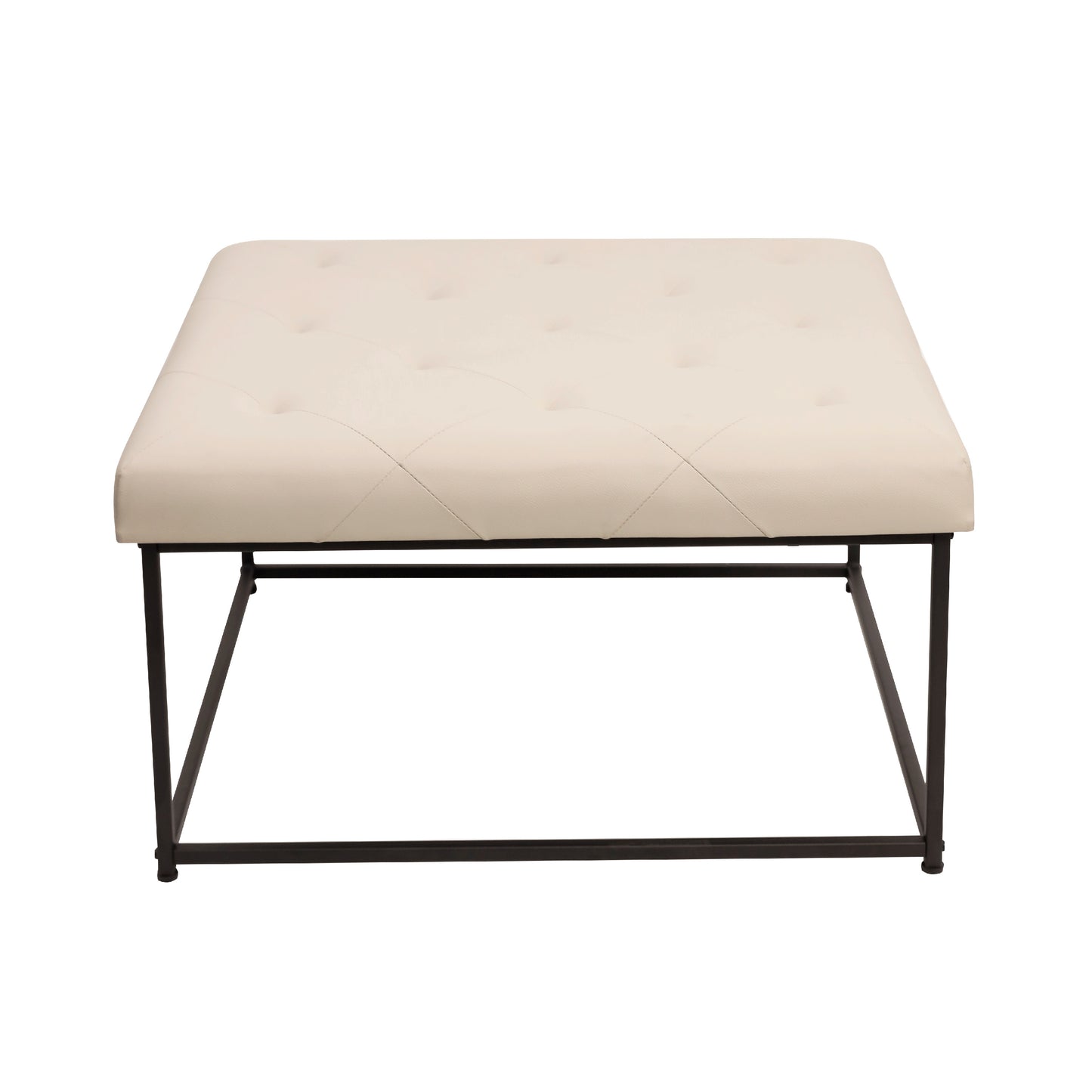 Ashton 30" Square LeatherSoft Tufted Ottoman with Metal Frame, Beige LeatherSoft/Black Frame