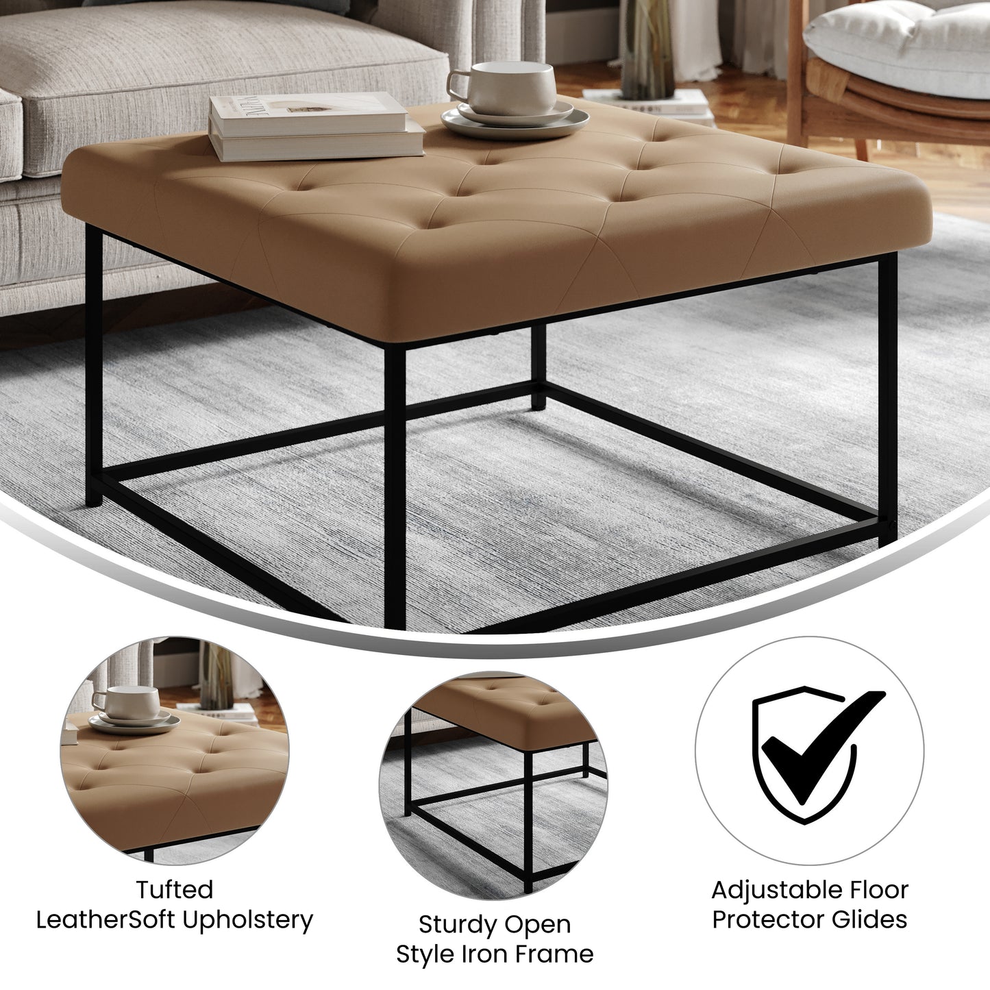Ashton 30" Square LeatherSoft Tufted Ottoman with Metal Frame, Light Brown LeatherSoft/Black Frame