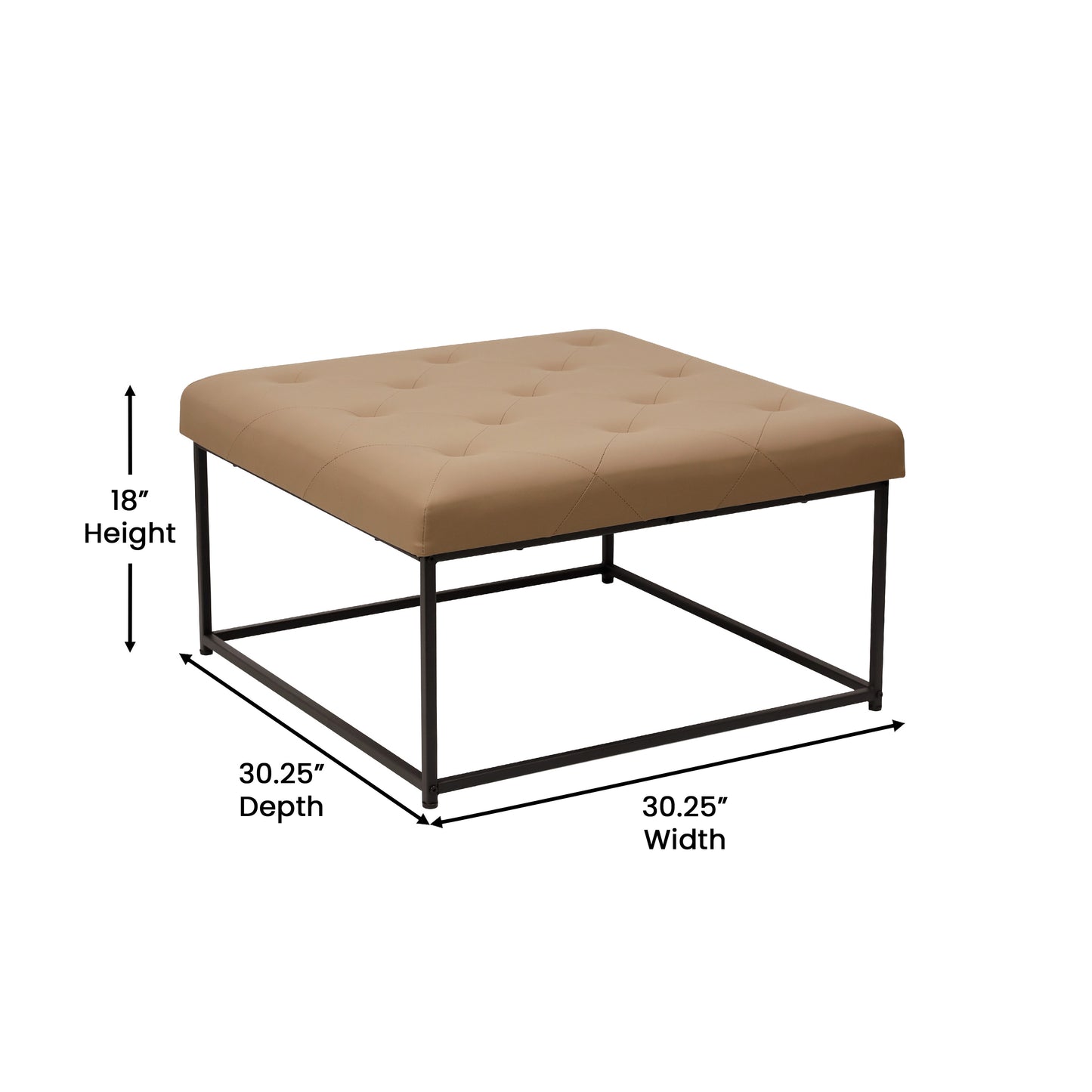 Ashton 30" Square LeatherSoft Tufted Ottoman with Metal Frame, Light Brown LeatherSoft/Black Frame