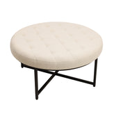 Ashton 34" Round Cotton Linen Tufted Ottoman with Metal Frame, Beige Cotton Linen/Black Frame