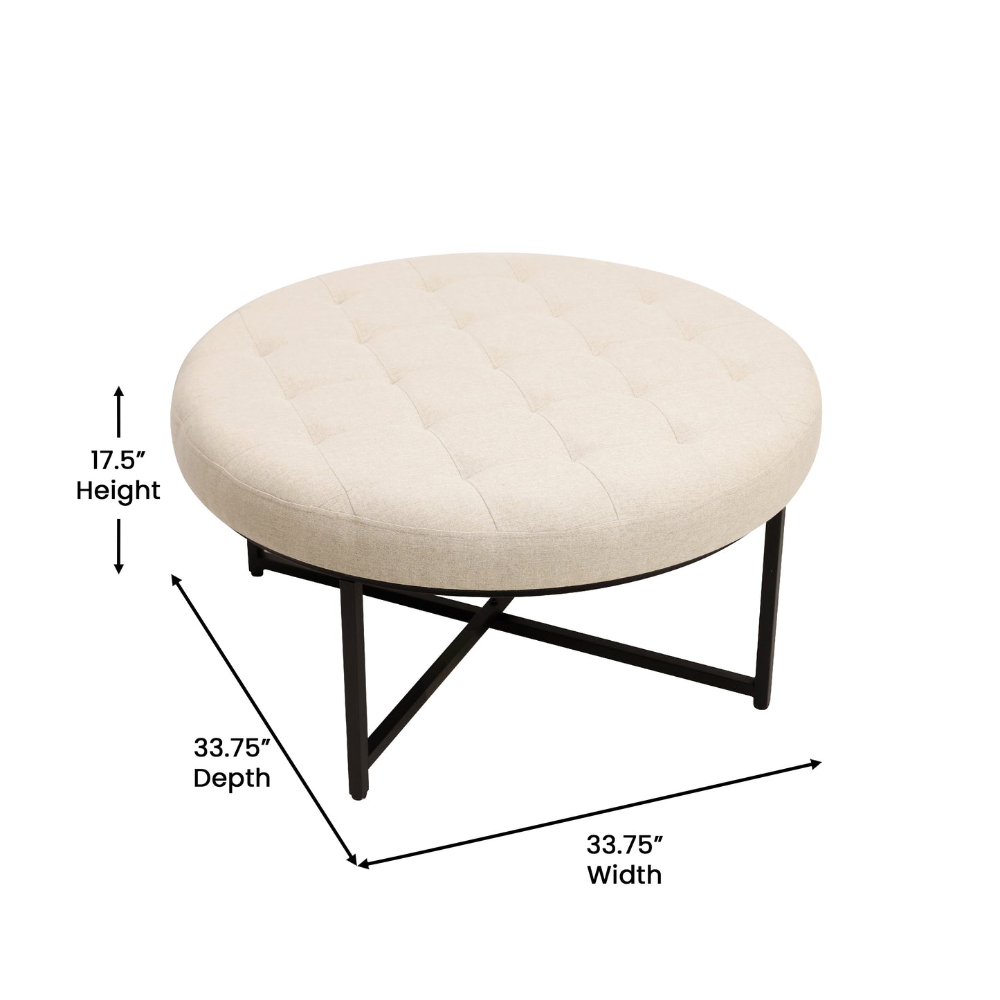 Ashton 34" Round Cotton Linen Tufted Ottoman with Metal Frame, Beige Cotton Linen/Black Frame