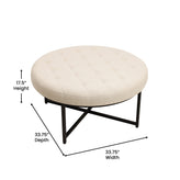 Ashton 34" Round Cotton Linen Tufted Ottoman with Metal Frame, Beige Cotton Linen/Black Frame