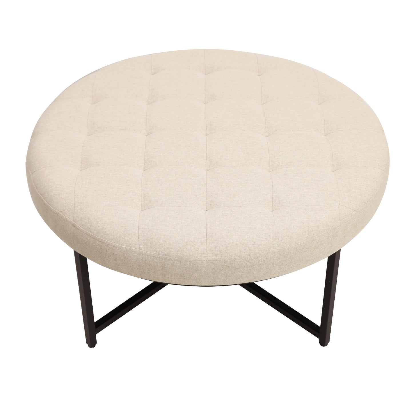 Ashton 34" Round Cotton Linen Tufted Ottoman with Metal Frame, Beige Cotton Linen/Black Frame