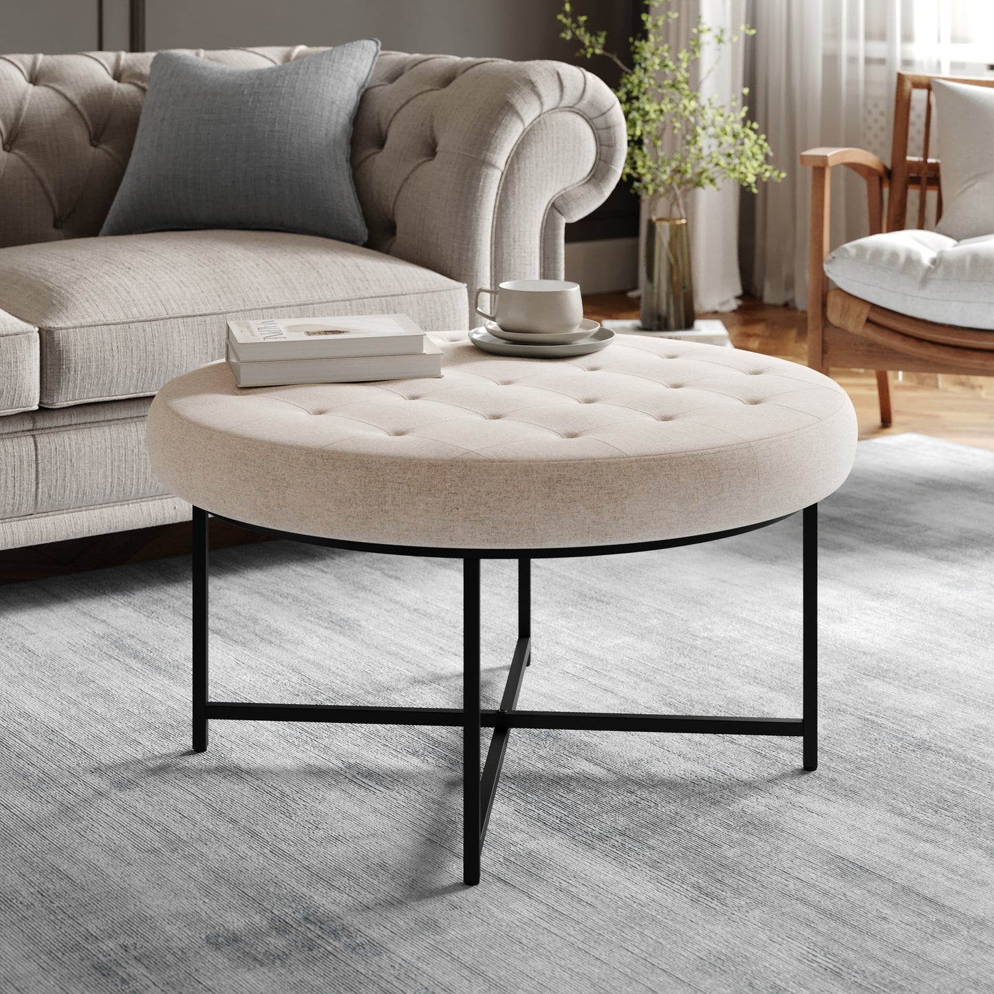 Ashton 34" Round Cotton Linen Tufted Ottoman with Metal Frame, Beige Cotton Linen/Black Frame