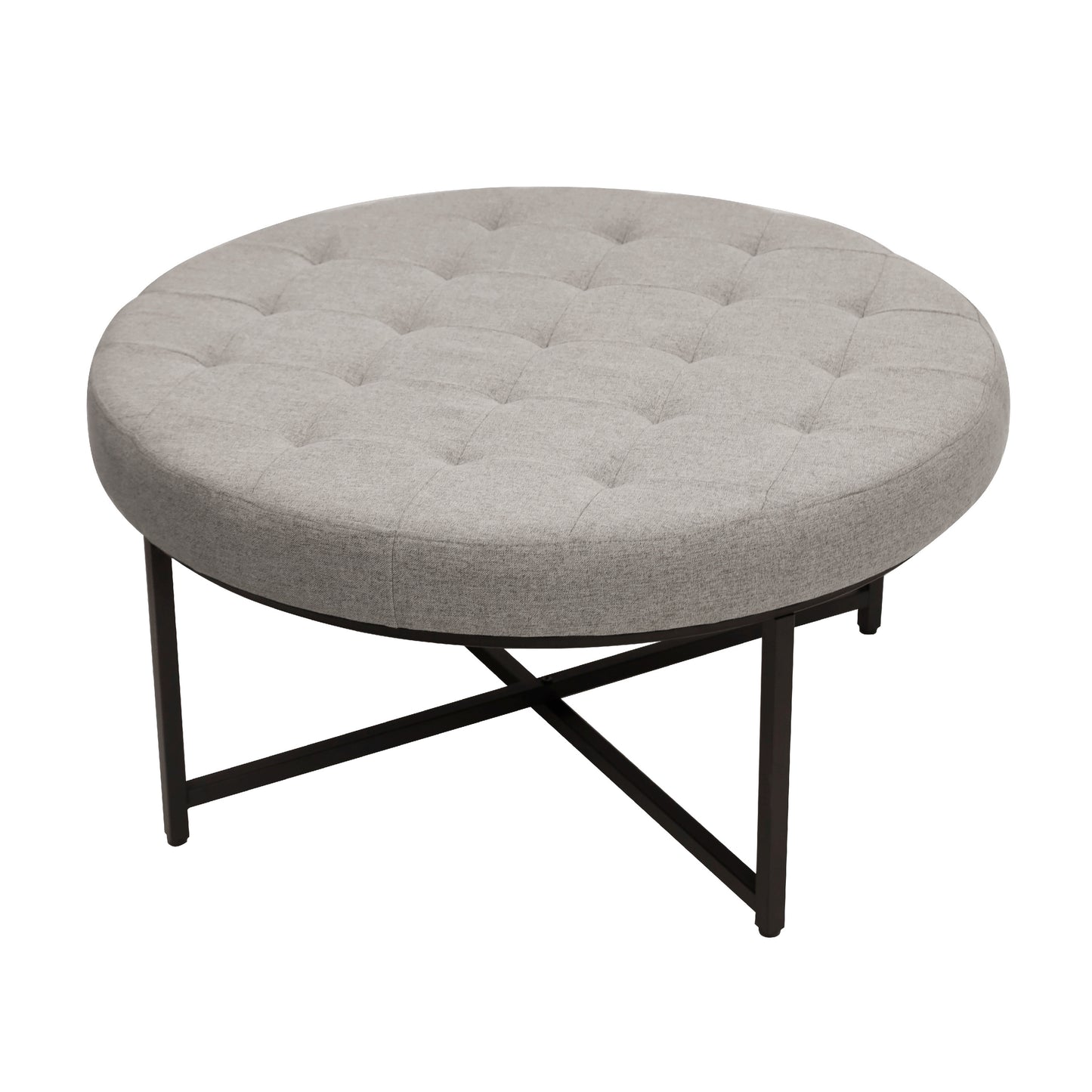 Ashton 34" Round Cotton Linen Tufted Ottoman with Metal Frame, Gray Cotton Linen/Black Frame
