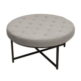 Ashton 34" Round Cotton Linen Tufted Ottoman with Metal Frame, Gray Cotton Linen/Black Frame