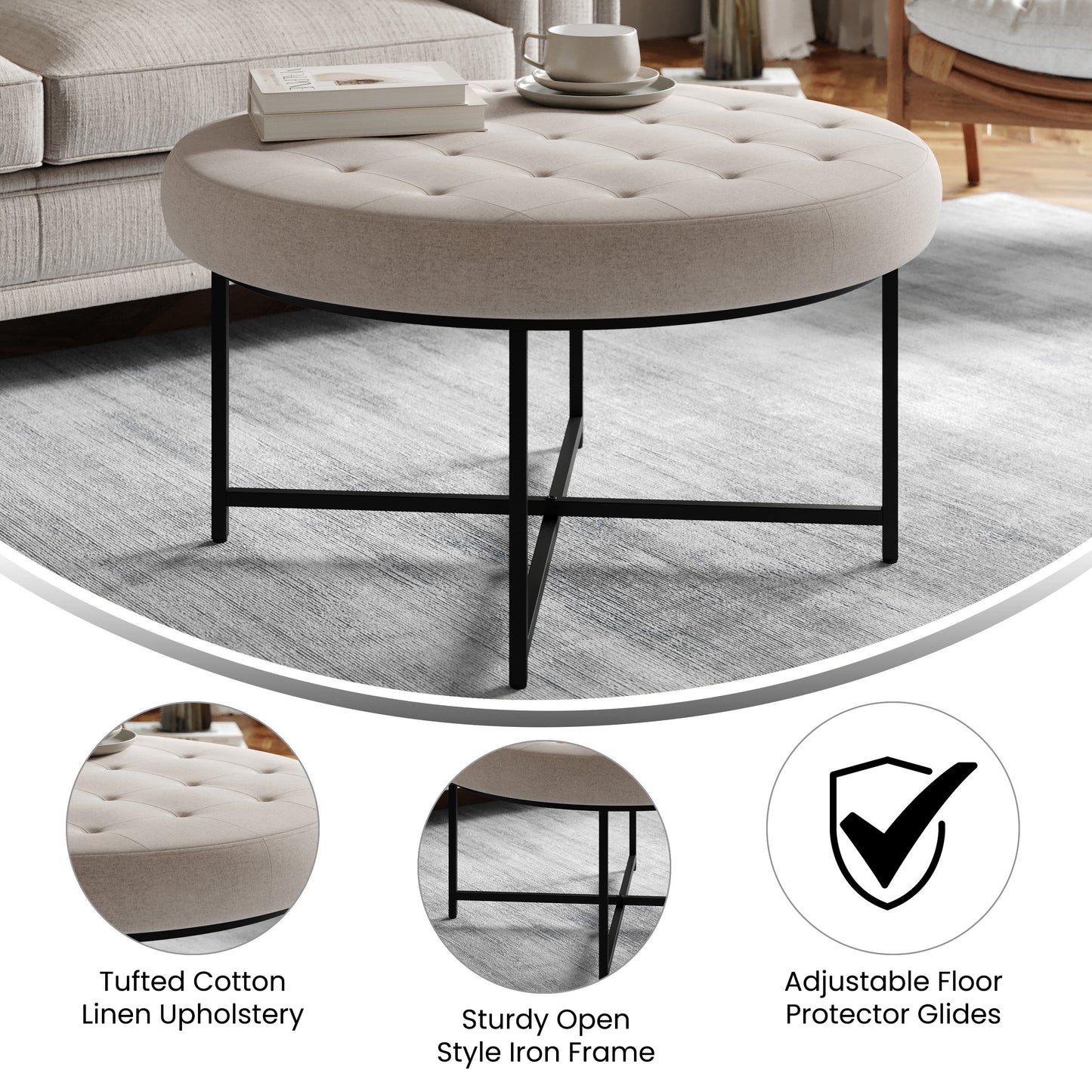 Ashton 34" Round Cotton Linen Tufted Ottoman with Metal Frame, Gray Cotton Linen/Black Frame