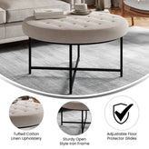 Ashton 34" Round Cotton Linen Tufted Ottoman with Metal Frame, Gray Cotton Linen/Black Frame