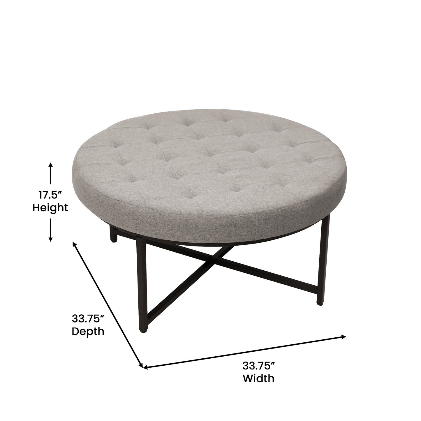 Ashton 34" Round Cotton Linen Tufted Ottoman with Metal Frame, Gray Cotton Linen/Black Frame