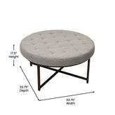 Ashton 34" Round Cotton Linen Tufted Ottoman with Metal Frame, Gray Cotton Linen/Black Frame