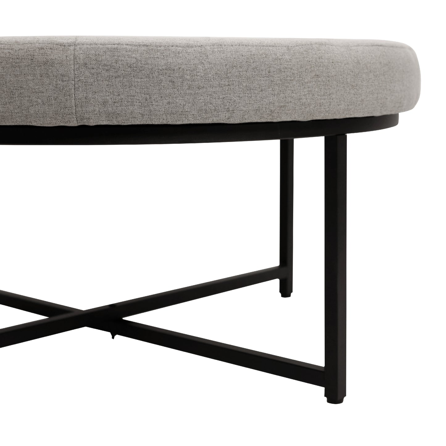 Ashton 34" Round Cotton Linen Tufted Ottoman with Metal Frame, Gray Cotton Linen/Black Frame
