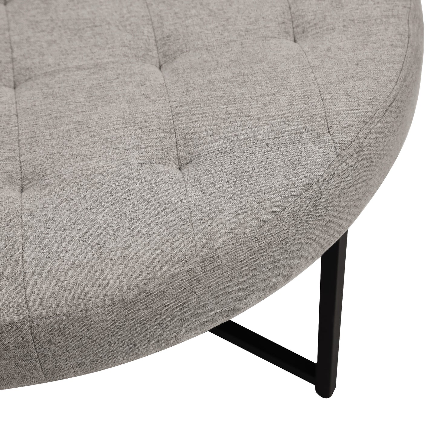 Ashton 34" Round Cotton Linen Tufted Ottoman with Metal Frame, Gray Cotton Linen/Black Frame