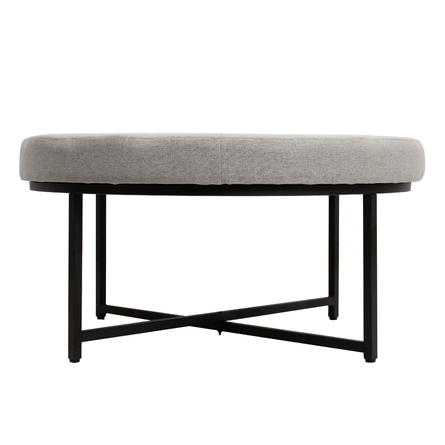 Ashton 34" Round Cotton Linen Tufted Ottoman with Metal Frame, Gray Cotton Linen/Black Frame