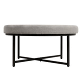 Ashton 34" Round Cotton Linen Tufted Ottoman with Metal Frame, Gray Cotton Linen/Black Frame