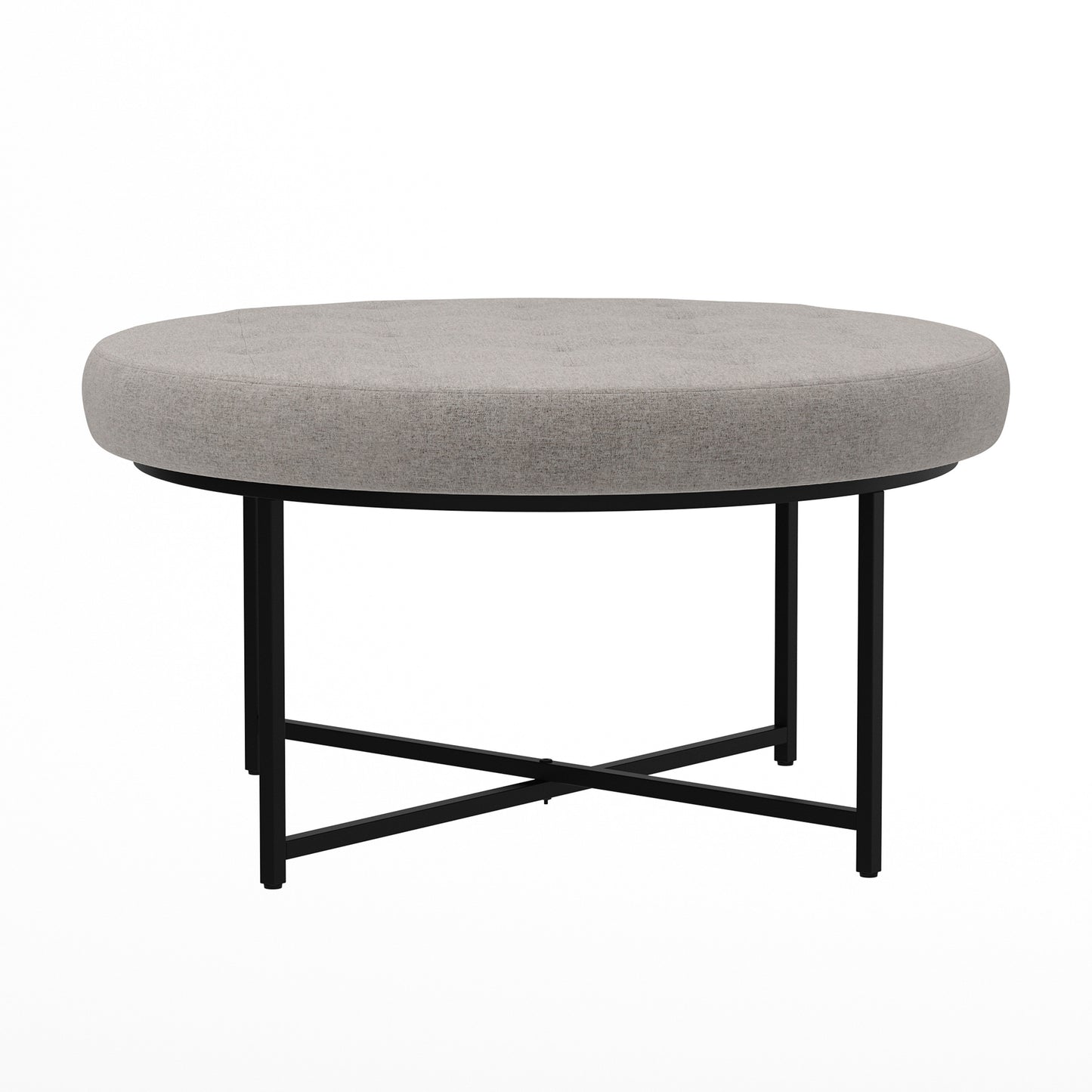 Ashton 34" Round Cotton Linen Tufted Ottoman with Metal Frame, Gray Cotton Linen/Black Frame
