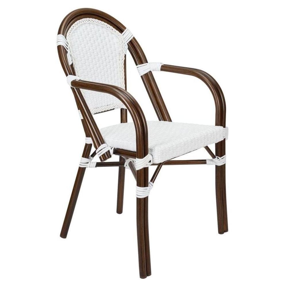 Bistro Patio Dining Arm Chairs With Hand Woven Rattan and Brush Stroke Painted Aluminum Frames
