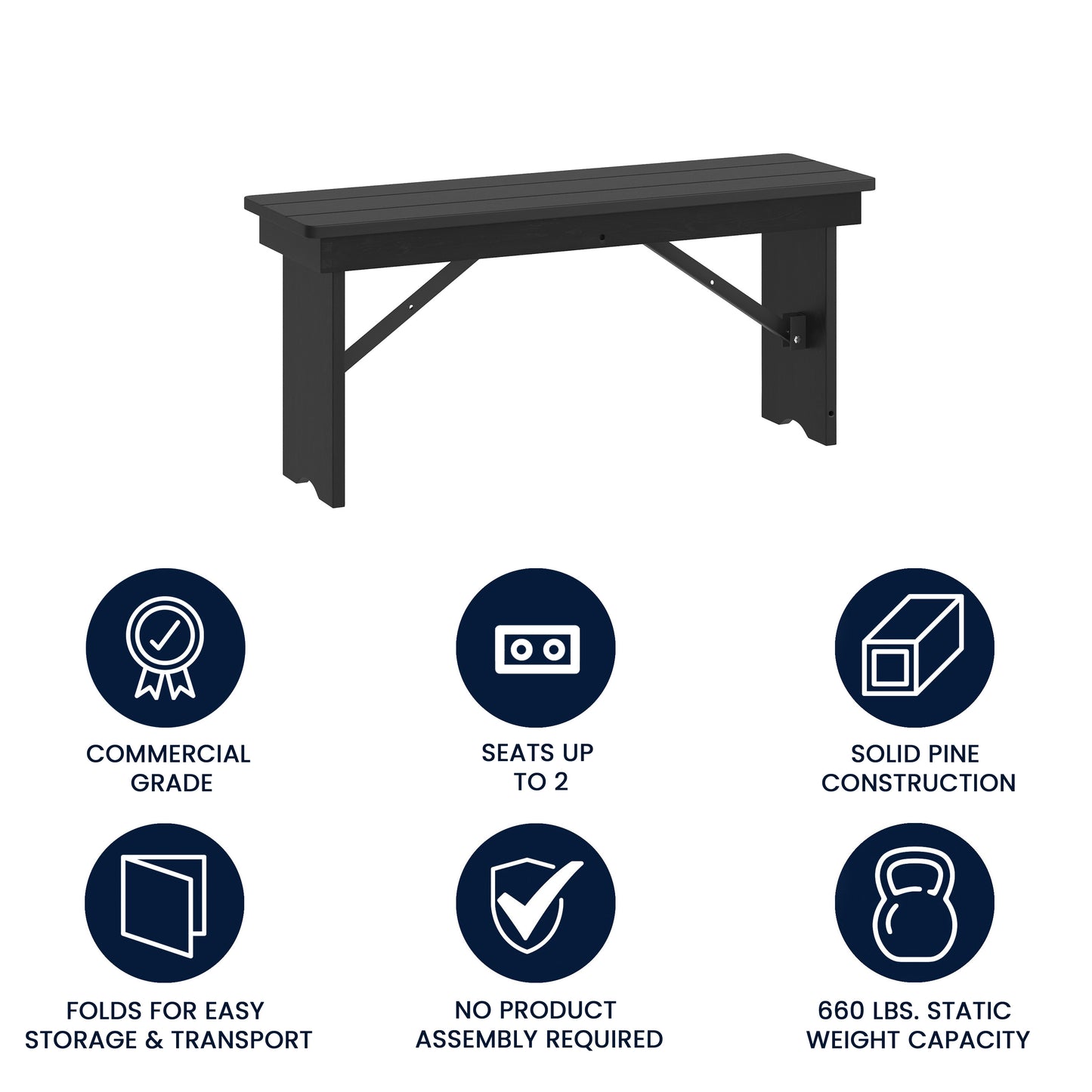 HERCULES 40" x 12" Black Wash Commercial Antique Solid Pine Farmhouse Folding Bench with Foldable Locking Legs