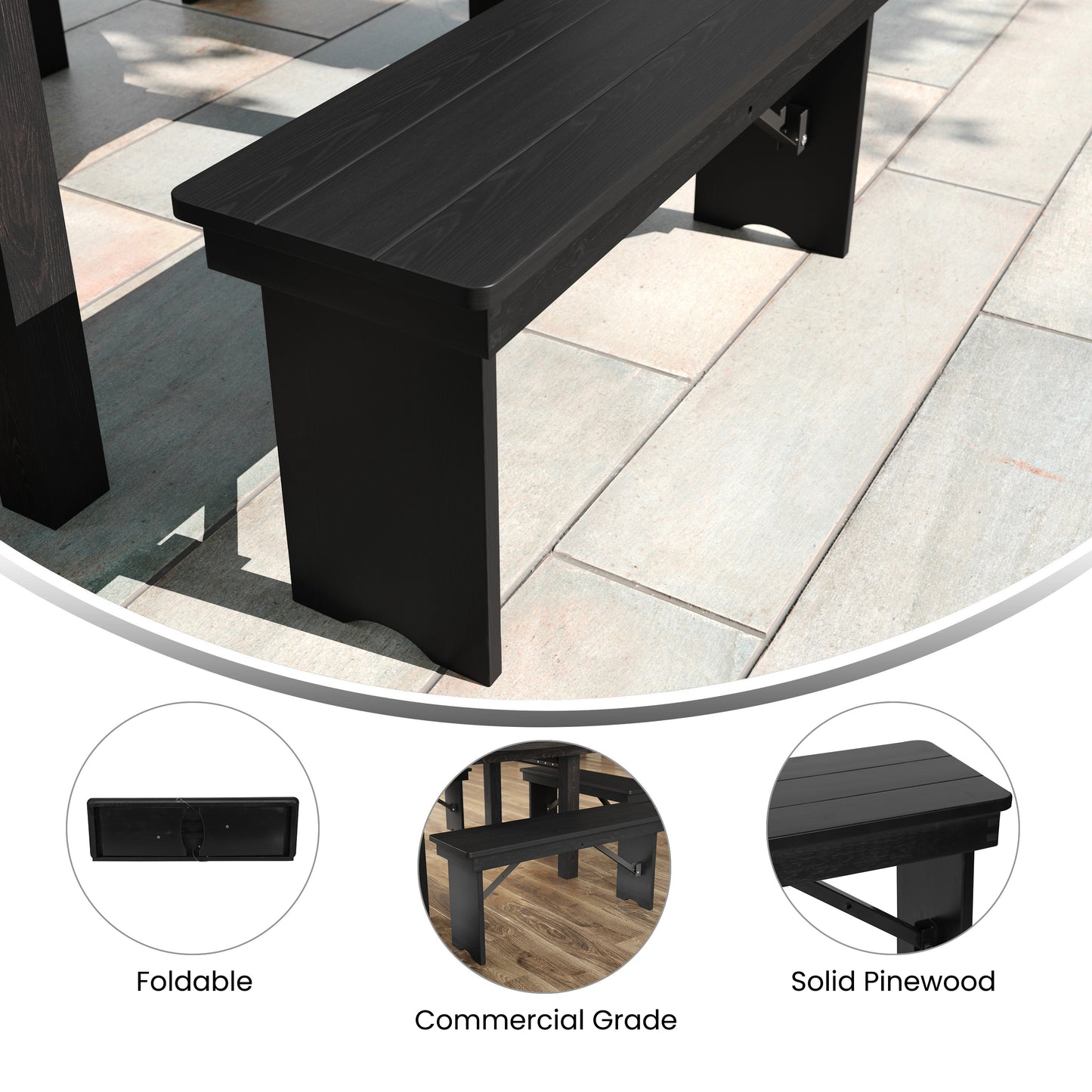 HERCULES 40" x 12" Black Wash Commercial Antique Solid Pine Farmhouse Folding Bench with Foldable Locking Legs