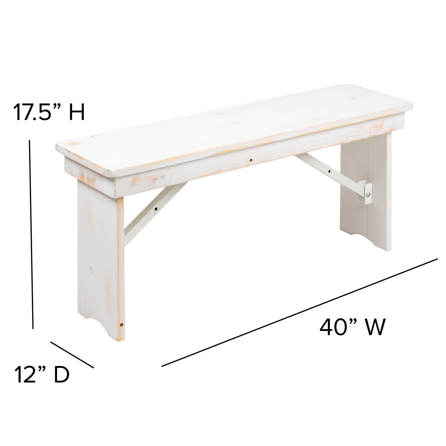 HERCULES Series 40" x 12" Antique Rustic White Solid Pine Folding Farm Bench