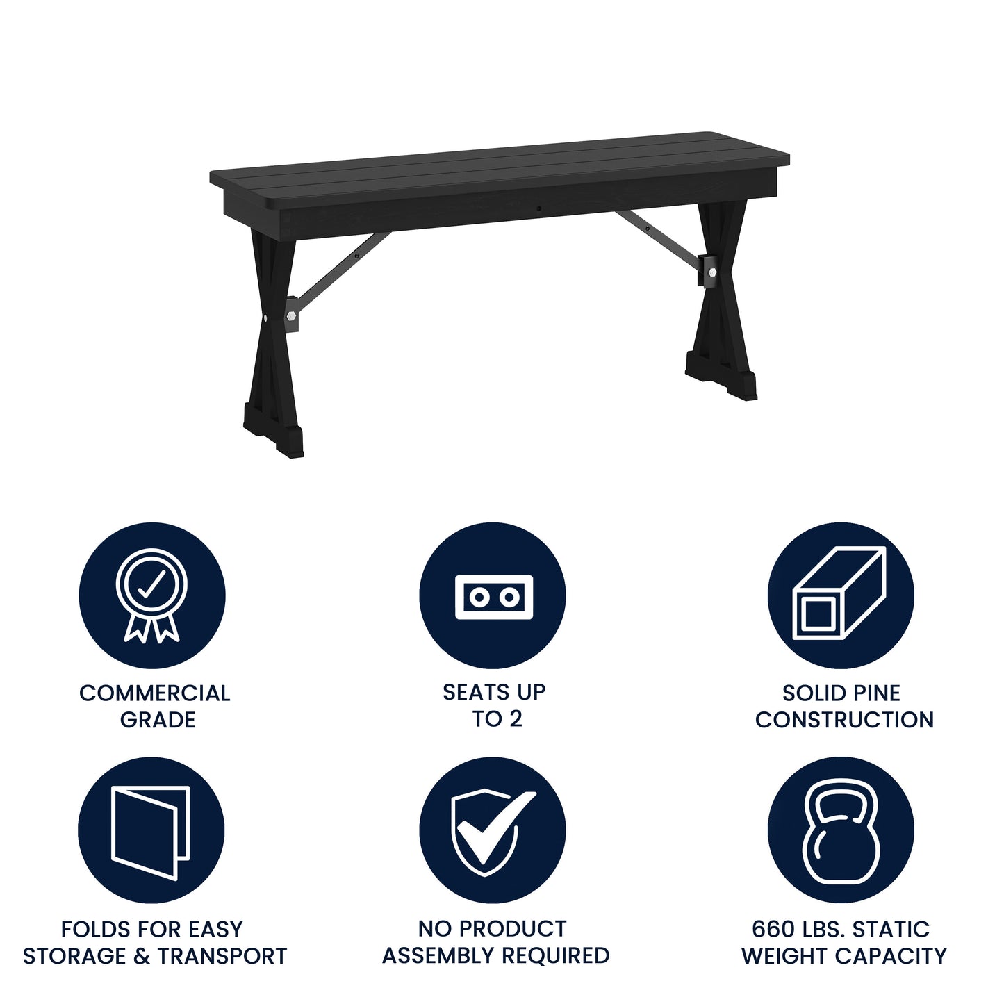 HERCULES 40" x 12" Black Wash Commercial Antique Solid Pine Farmhouse Folding Bench with Foldable Locking X-Legs