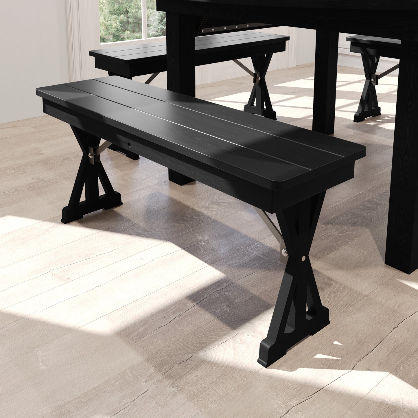 HERCULES 40" x 12" Black Wash Commercial Antique Solid Pine Farmhouse Folding Bench with Foldable Locking X-Legs