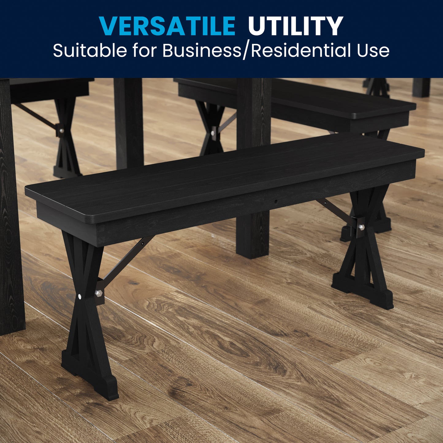 HERCULES 40" x 12" Black Wash Commercial Antique Solid Pine Farmhouse Folding Bench with Foldable Locking X-Legs