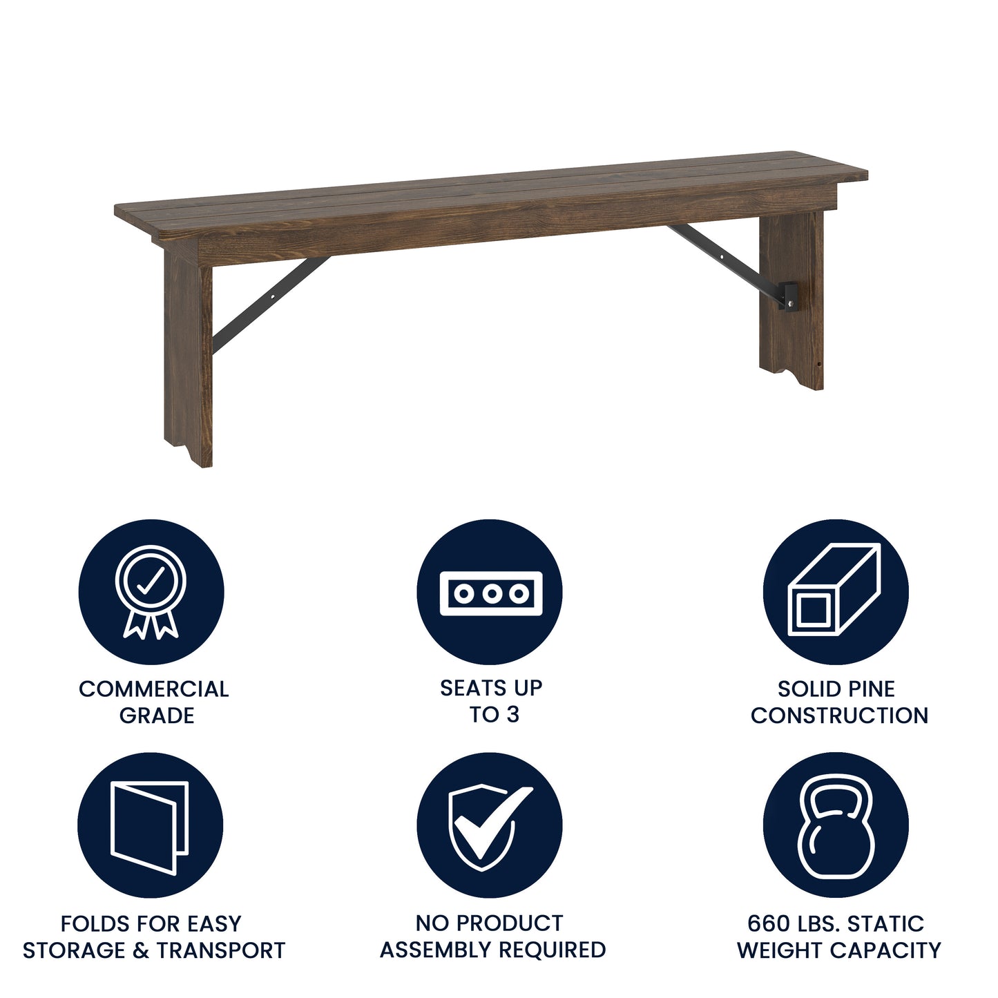 HERCULES 60" x 12" Antique Rustic Commercial Antique Solid Pine Farmhouse Folding Bench with Foldable Locking Legs