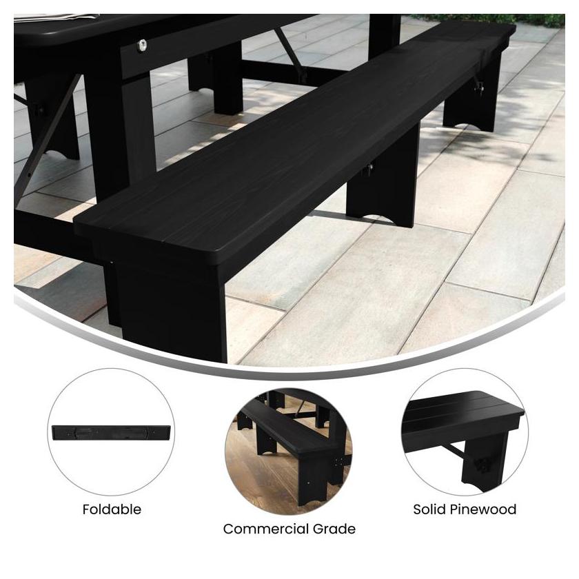 HERCULES 8' x 12'' Black Wash Commercial Antique Solid Pine Farmhouse Folding Bench