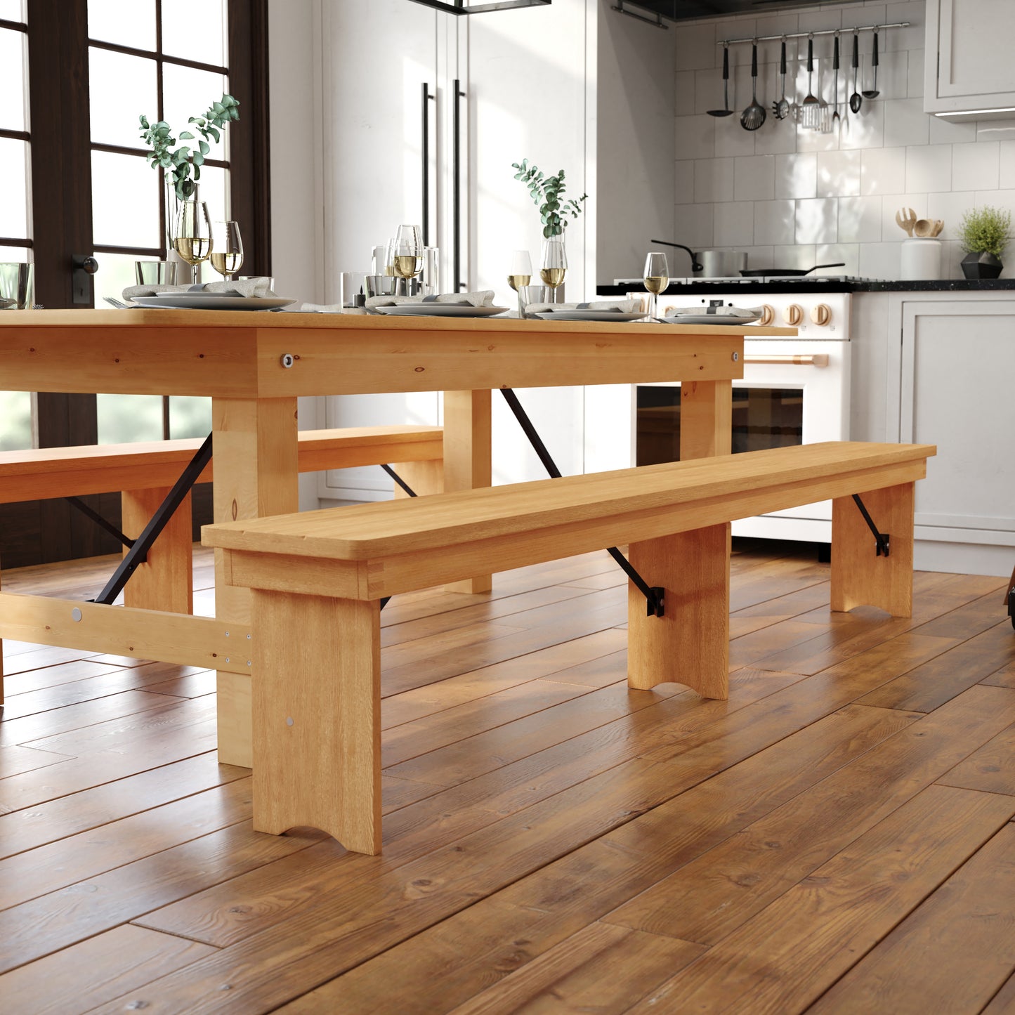 HERCULES 8' x 12'' Antique Rustic Light Natural Solid Pine Folding Farm Bench with 3 Legs