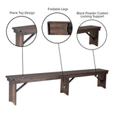 HERCULES 8' x 12" Antique Rustic Mahogany Solid Pine Folding Farm Bench with 3 Legs