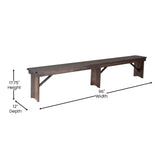 HERCULES 8' x 12" Antique Rustic Mahogany Solid Pine Folding Farm Bench with 3 Legs
