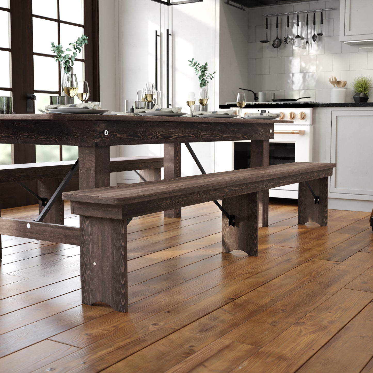 HERCULES 8' x 12" Antique Rustic Mahogany Solid Pine Folding Farm Bench with 3 Legs