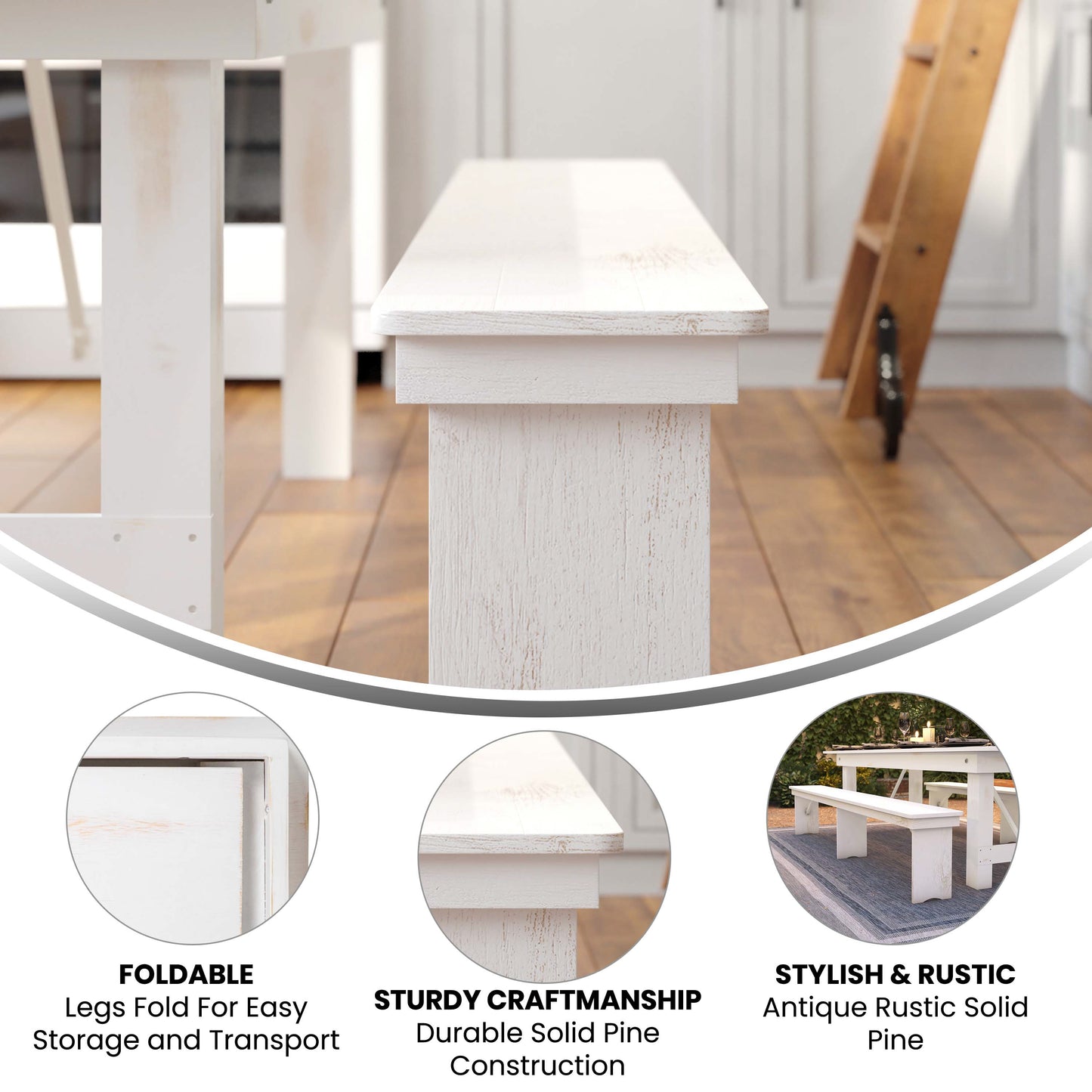 HERCULES Series 8' x 12" Antique Rustic Solid White Pine Folding Farm Bench with 3 Legs