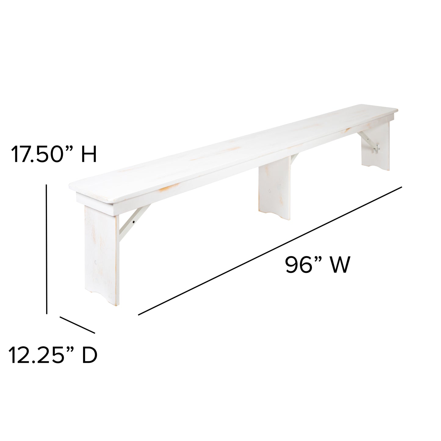 HERCULES Series 8' x 12" Antique Rustic Solid White Pine Folding Farm Bench with 3 Legs