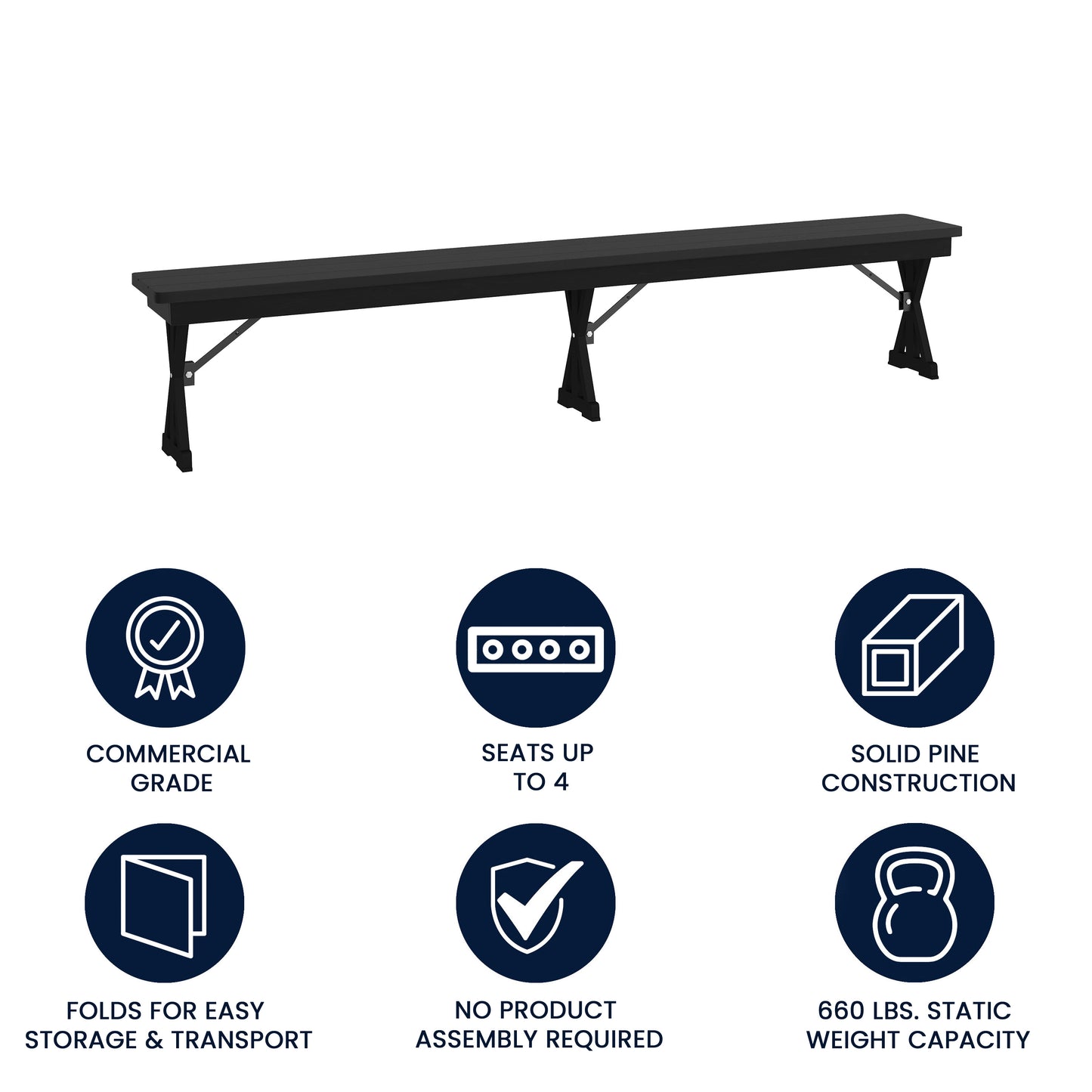 HERCULES 8' x 12'' Black Wash Commercial Antique Solid Pine Farmhouse Folding Bench with Foldable Locking X-Legs