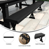 HERCULES 8' x 12'' Black Wash Commercial Antique Solid Pine Farmhouse Folding Bench with Foldable Locking X-Legs