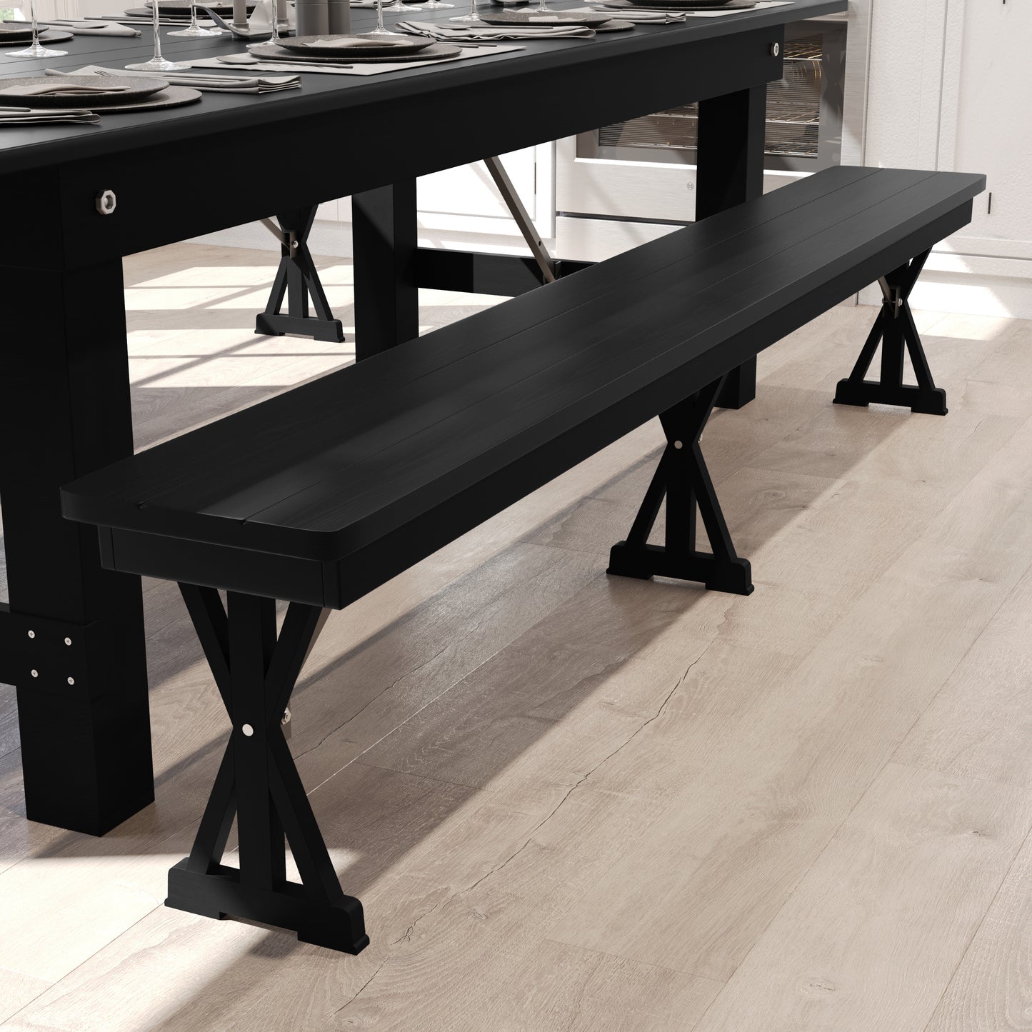HERCULES 8' x 12'' Black Wash Commercial Antique Solid Pine Farmhouse Folding Bench with Foldable Locking X-Legs