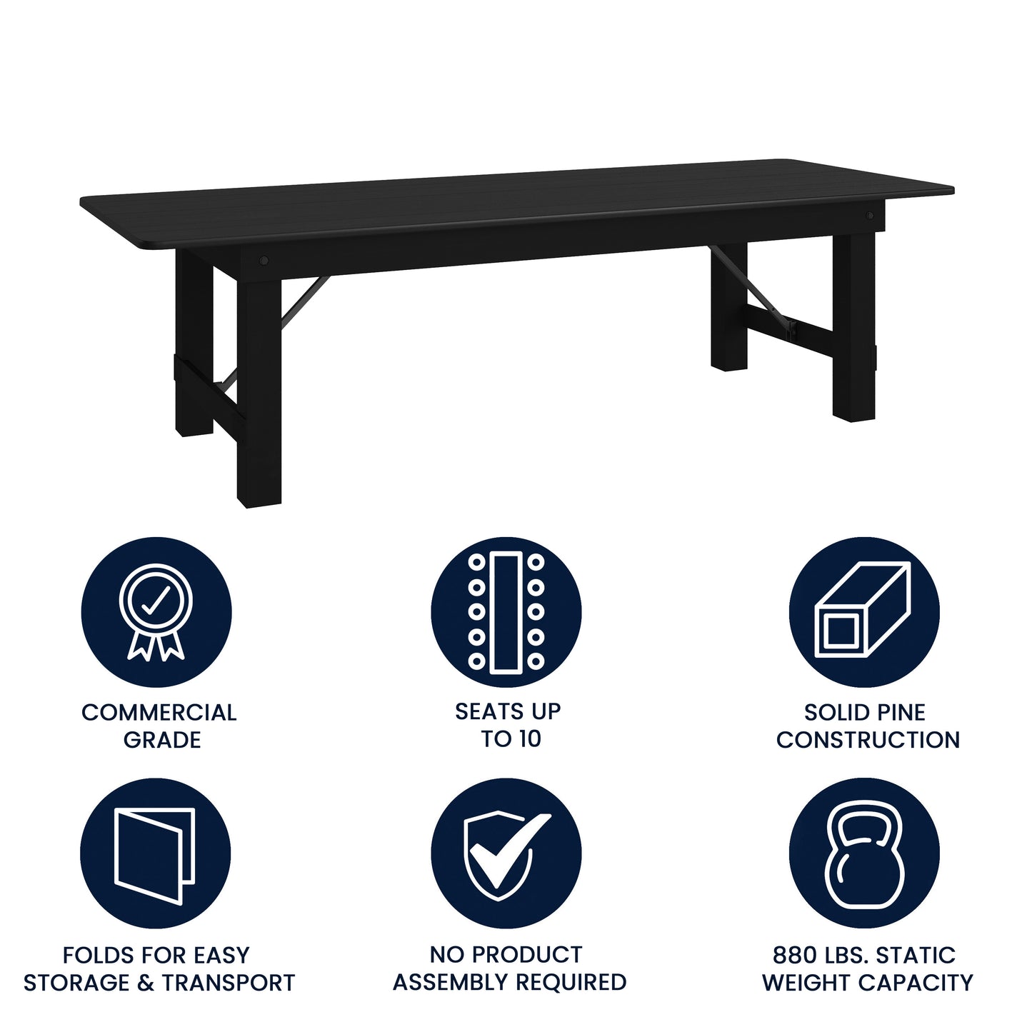 HERCULES 9' x 40" Rectangular Black Wash Commercial Farmhouse Folding Table, Antique Rustic Solid Pine Dining Room Table with Foldable Locking Legs