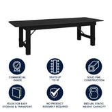 HERCULES 9' x 40" Rectangular Black Wash Commercial Farmhouse Folding Table, Antique Rustic Solid Pine Dining Room Table with Foldable Locking Legs