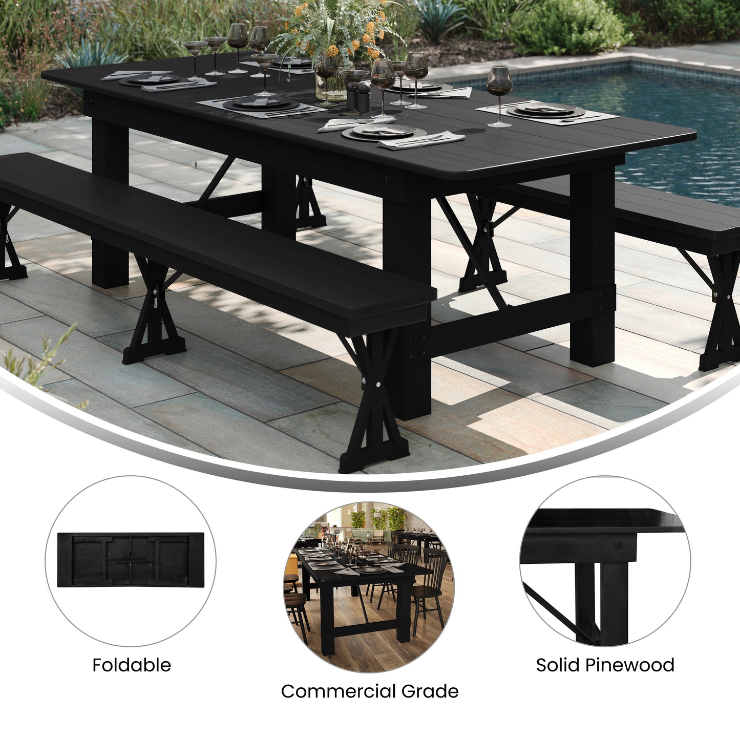 HERCULES 9' x 40" Rectangular Black Wash Commercial Farmhouse Folding Table, Antique Rustic Solid Pine Dining Room Table with Foldable Locking Legs