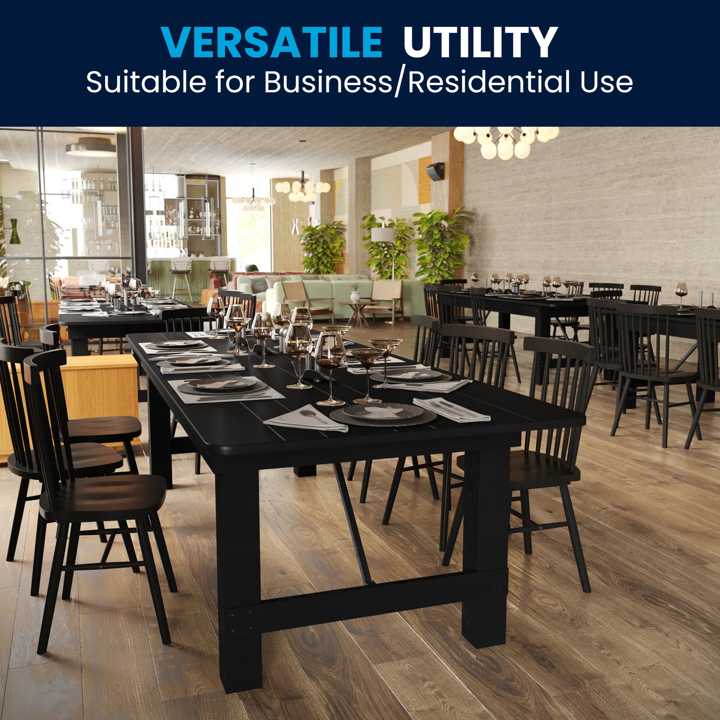 HERCULES 9' x 40" Rectangular Black Wash Commercial Farmhouse Folding Table, Antique Rustic Solid Pine Dining Room Table with Foldable Locking Legs