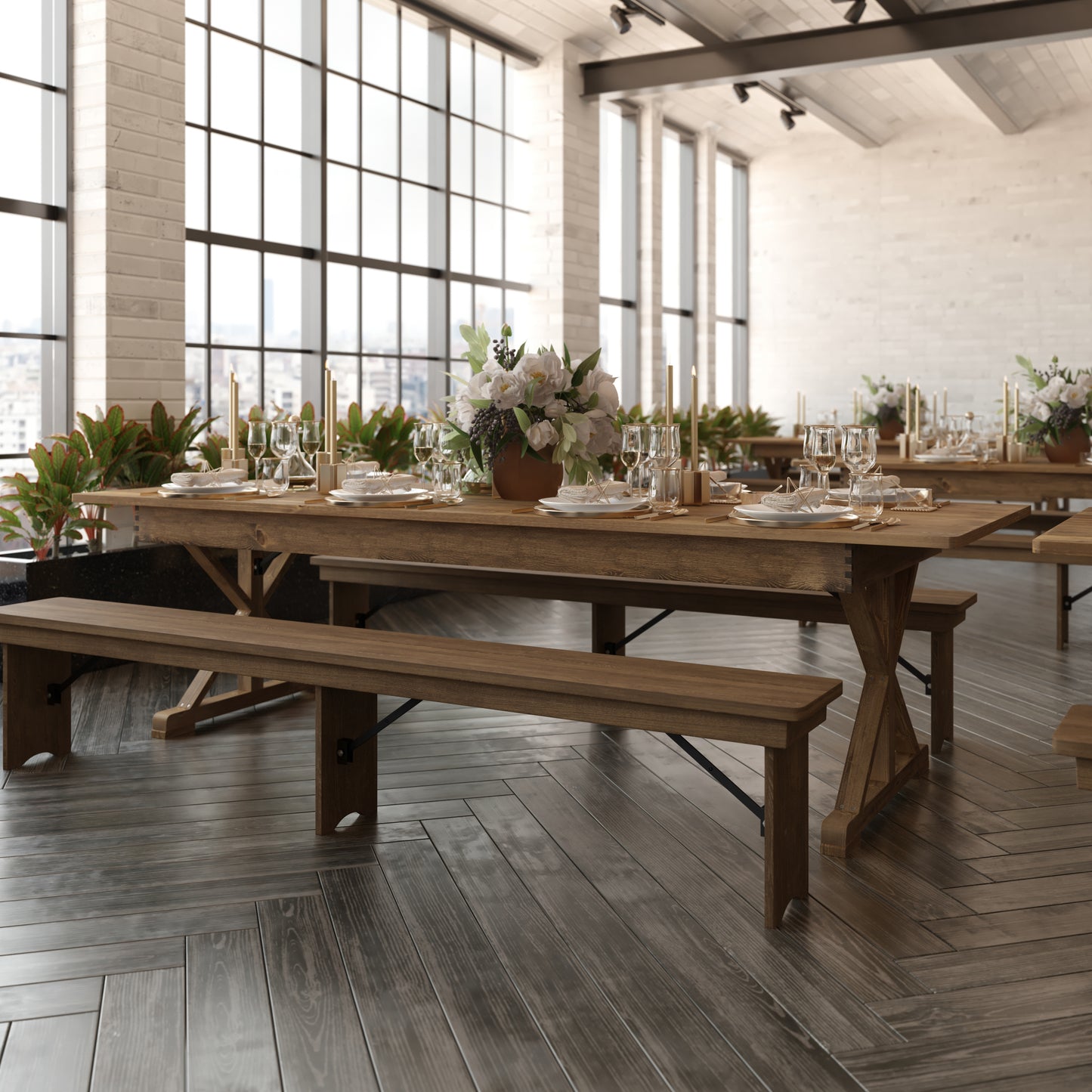 HERCULES 9' x 40" Rectangular Antique Rustic Solid Pine Folding Farm Table with X Legs