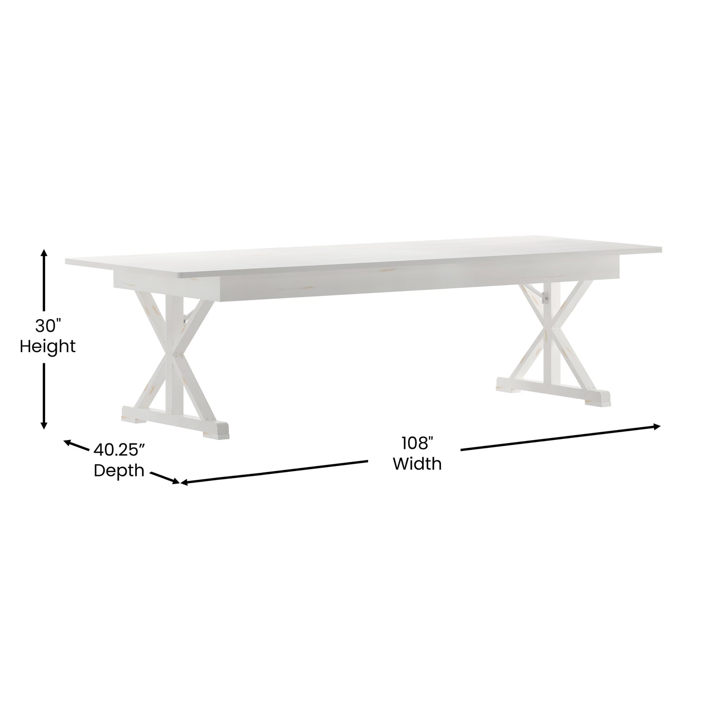 HERCULES 9' x 40" Rectangular Antique Rustic White Solid Pine Folding Farm Table with X Legs